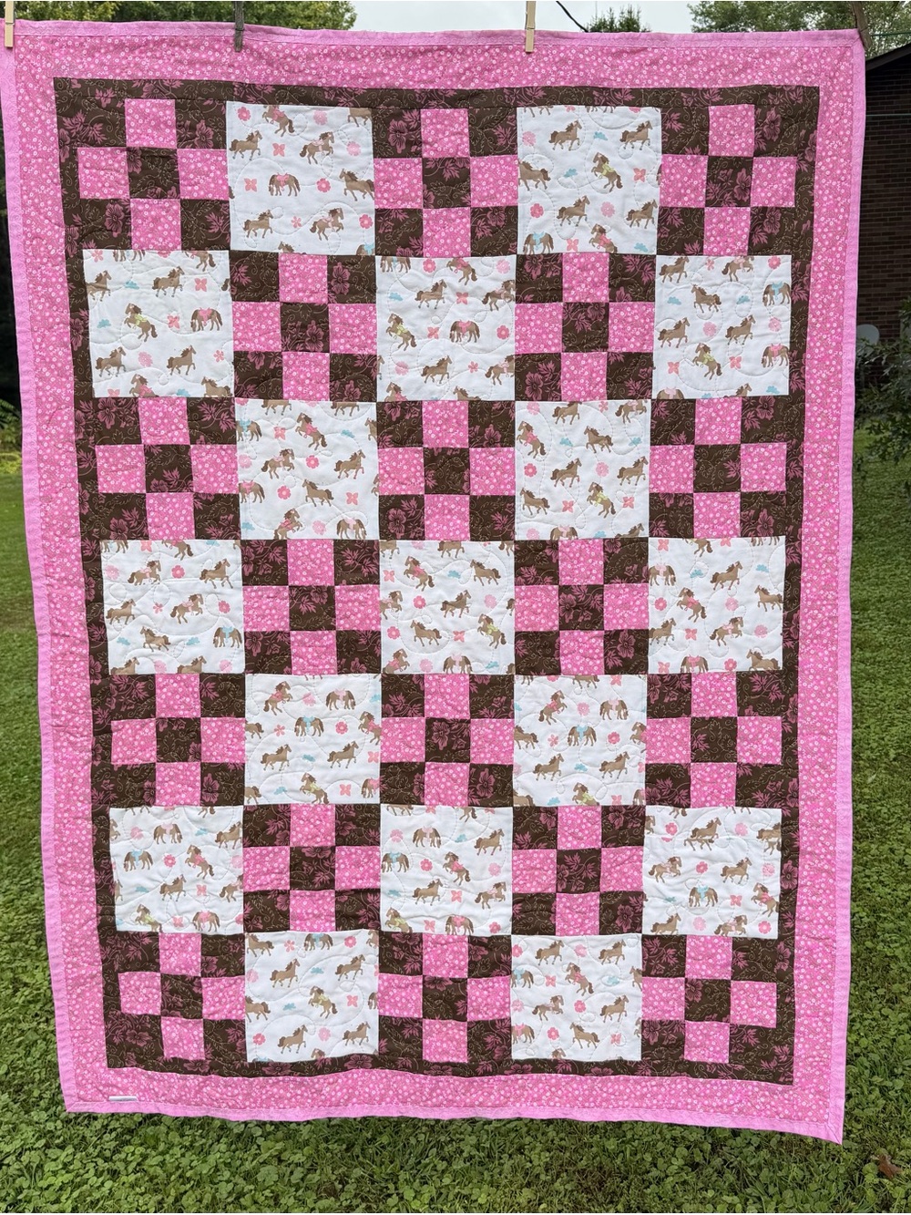 Handmade Pink and Brown Horse Patchwork Quilt